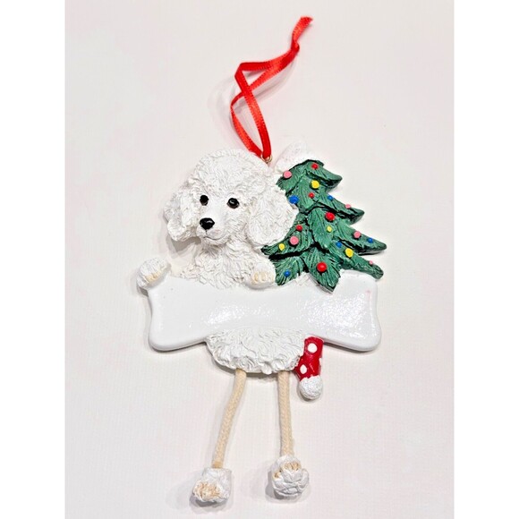 White Poodle Personalized Dog Christmas Tree Ornament w/Dangling Legs Write Name - Picture 1 of 3
